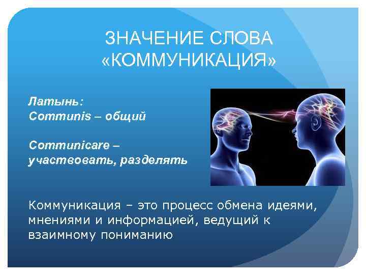 ЗНАЧЕНИЕ СЛОВА «КОММУНИКАЦИЯ» Латынь: Communis – общий Communicare – участвовать, разделять Коммуникация – это