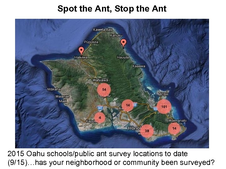 Spot the Ant, Stop the Ant 2015 Oahu schools/public ant survey locations to date