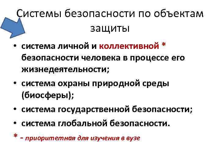 Системы безопасности по объектам защиты • система личной и коллективной * безопасности человека в