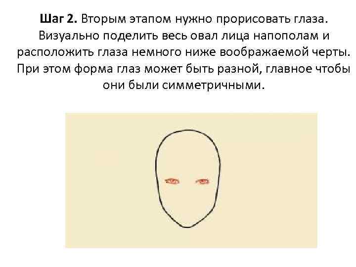 Шаг 2. Вторым этапом нужно прорисовать глаза. Визуально поделить весь овал лица напополам и