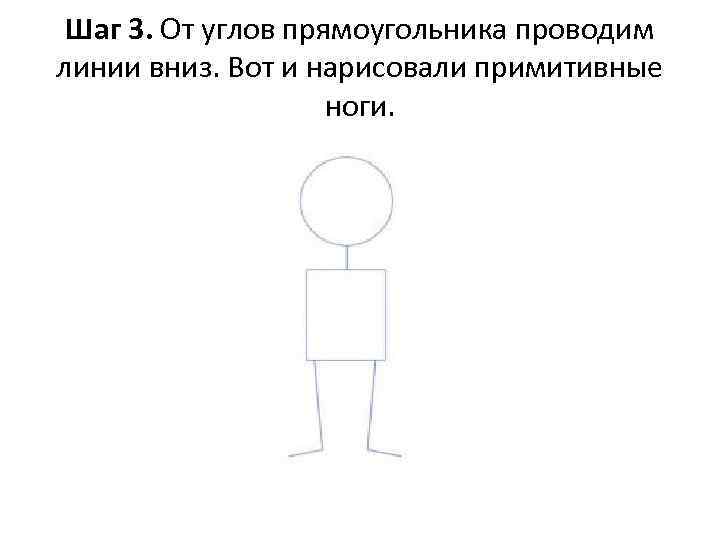 Шаг 3. От углов прямоугольника проводим линии вниз. Вот и нарисовали примитивные ноги. 