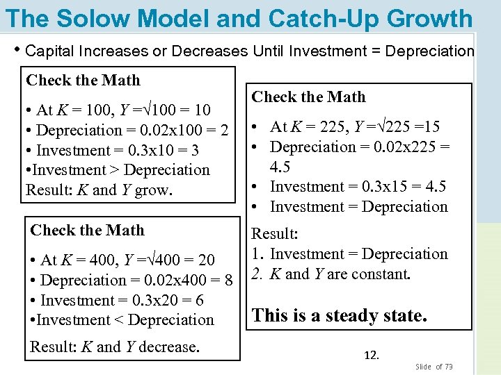 The Solow Model and Catch-Up Growth • Capital Increases or Decreases Until Investment =