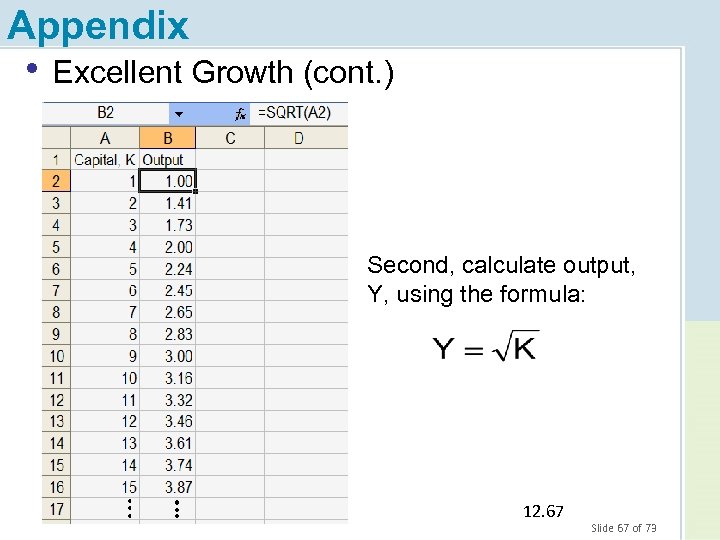 Appendix • Excellent Growth (cont. ) Second, calculate output, Y, using the formula: 12.