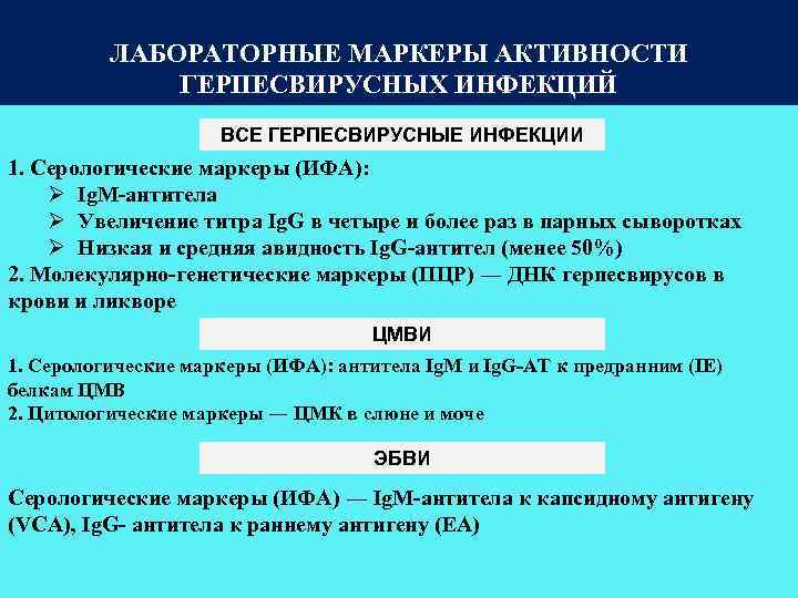 ЛАБОРАТОРНЫЕ МАРКЕРЫ АКТИВНОСТИ ГЕРПЕСВИРУСНЫХ ИНФЕКЦИЙ ВСЕ ГЕРПЕСВИРУСНЫЕ ИНФЕКЦИИ 1. Серологические маркеры (ИФА): Ø Ig.