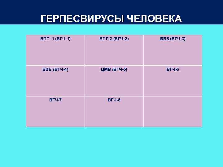 ГЕРПЕСВИРУСЫ ЧЕЛОВЕКА ВПГ- 1 (ВГЧ-1) ВПГ-2 (ВГЧ-2) ВВЗ (ВГЧ-3) ВЭБ (ВГЧ-4) ЦМВ (ВГЧ-5) ВГЧ-6