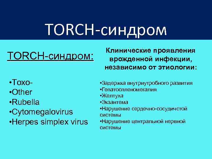 TORCH-синдром: • Toxo • Other • Rubella • Cytomegalovirus • Herpes simplex virus Клинические