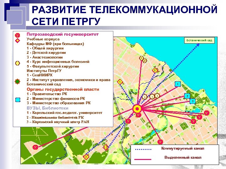 РАЗВИТИЕ ТЕЛЕКОММУКАЦИОННОЙ СЕТИ ПЕТРГУ У Петрозаводский госуниверситет Учебные корпуса Кафедры МФ (при больницах) 1