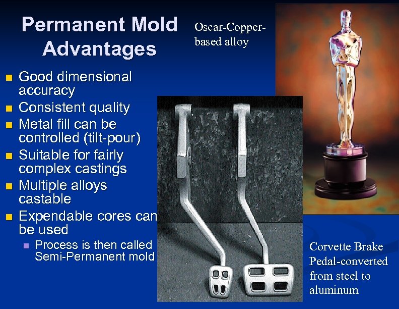 Permanent Mold Advantages n n n Oscar-Copperbased alloy Good dimensional accuracy Consistent quality Metal