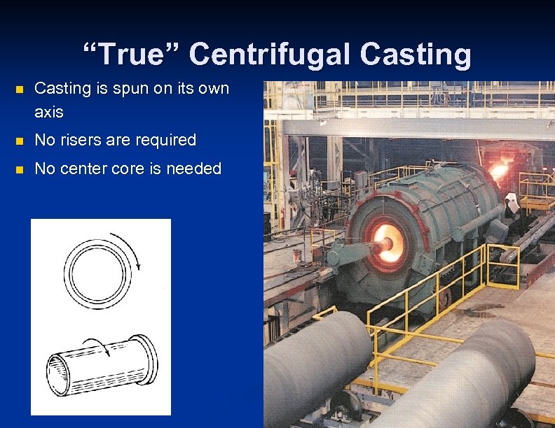 “True” Centrifugal Casting n Casting is spun on its own axis n No risers