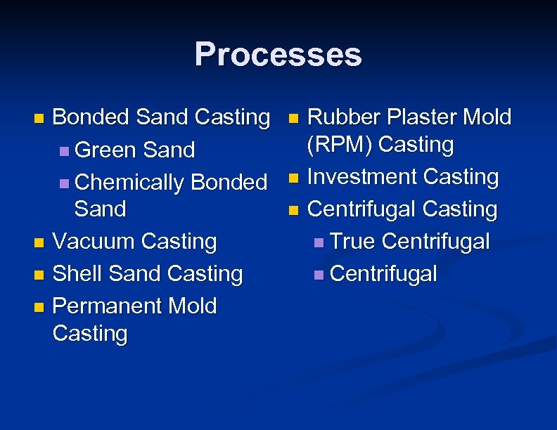 Processes Bonded Sand Casting n Green Sand n Chemically Bonded Sand n Vacuum Casting