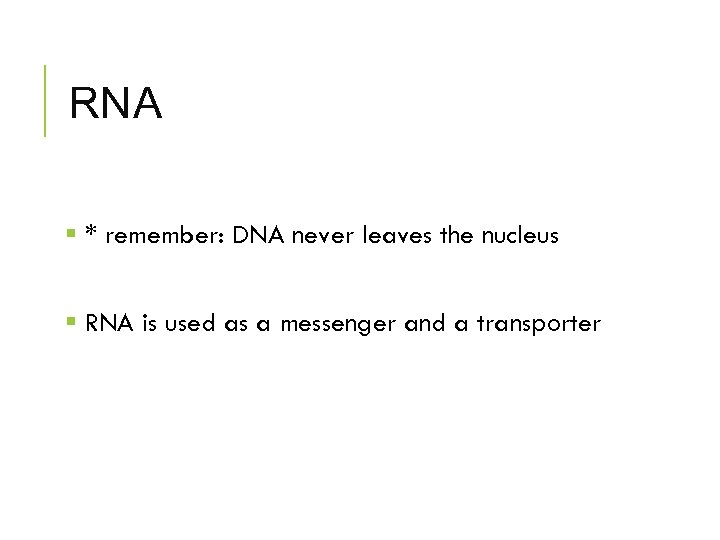 RNA § * remember: DNA never leaves the nucleus § RNA is used as