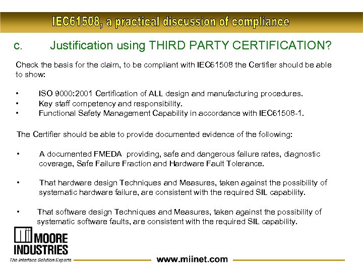 c. Justification using THIRD PARTY CERTIFICATION? Check the basis for the claim, to be