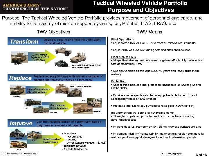 Tactical Wheeled Vehicle Portfolio Purpose and Objectives Purpose: The Tactical Wheeled Vehicle Portfolio provides