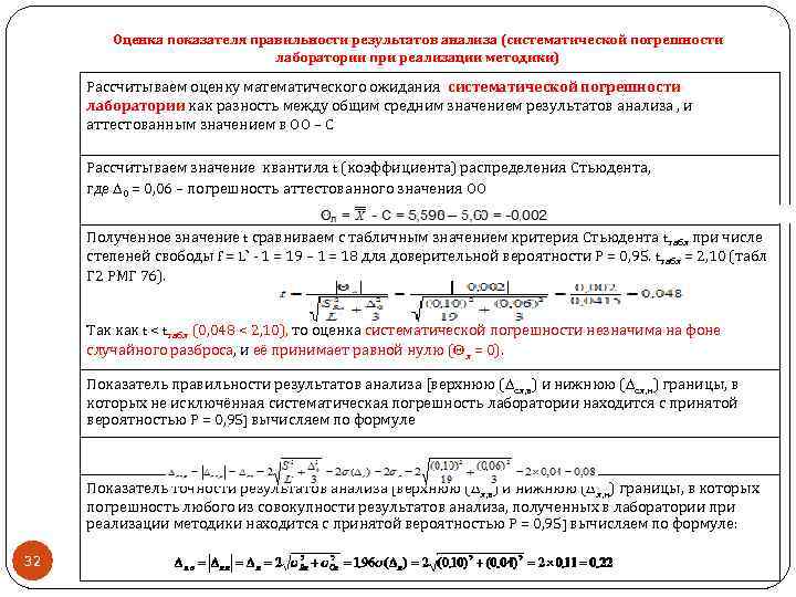 Оценка показателя правильности результатов анализа (систематической погрешности лаборатории при реализации методики) Рассчитываем оценку математического