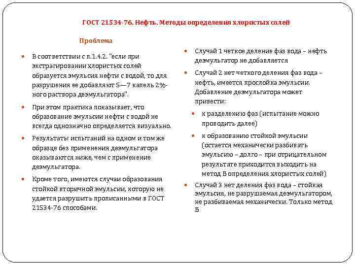 ГОСТ 21534 -76. Нефть. Методы определения хлористых солей Проблема В соответствии с п. 1.