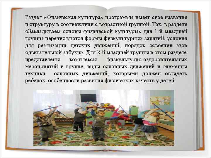 Раздел «Физическая культура» программы имеет свое название и структуру в соответствии с возрастной группой.