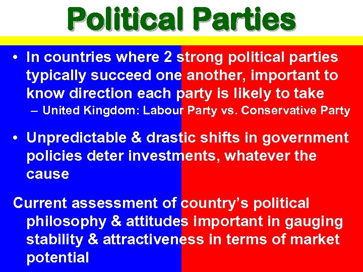 Political Parties • In countries where 2 strong political parties typically succeed one another,