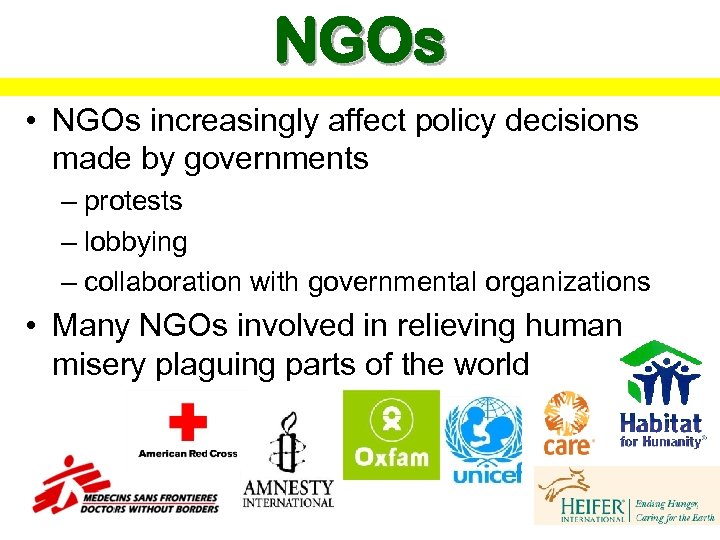 NGOs • NGOs increasingly affect policy decisions made by governments – protests – lobbying