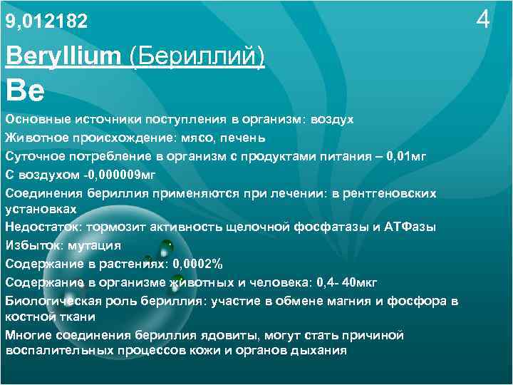 9, 012182 4 Beryllium (Бериллий) Вe Основные источники поступления в организм: воздух Животное происхождение: