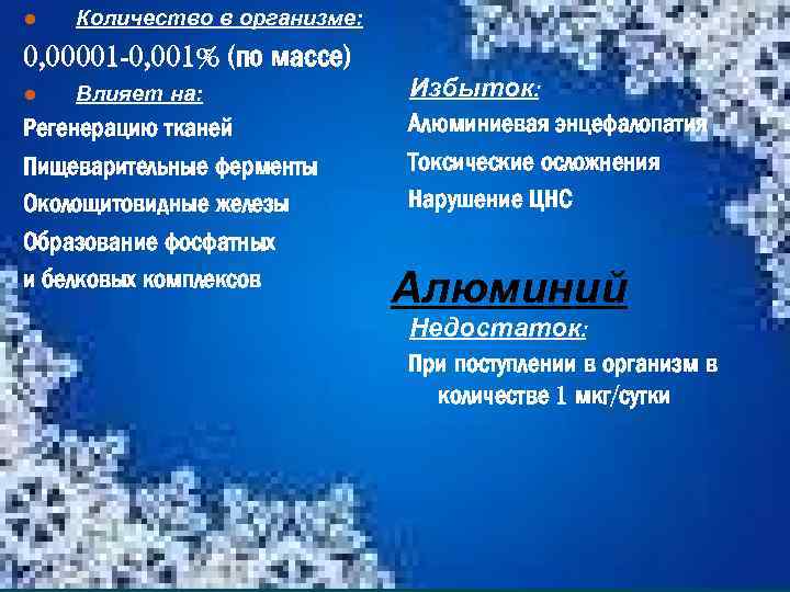 ● Количество в организме: 0, 00001 -0, 001% (по массе) ● Влияет на: Регенерацию