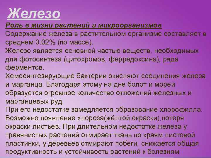 Железо Роль в жизни растений и микроорганизмов Содержание железа в растительном организме составляет в