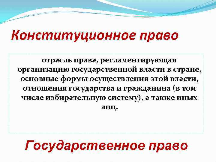 Конституционное право отрасль права, регламентирующая организацию государственной власти в стране, основные формы осуществления этой