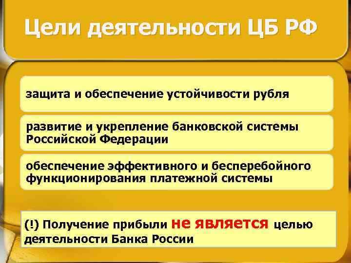 Основной функцией какого ведомства является устойчивость рубля. Цели ЦБ РФ. Защита и обеспечение устойчивости рубля. Целью деятельности банка России не является. Укрепление банковской системы.