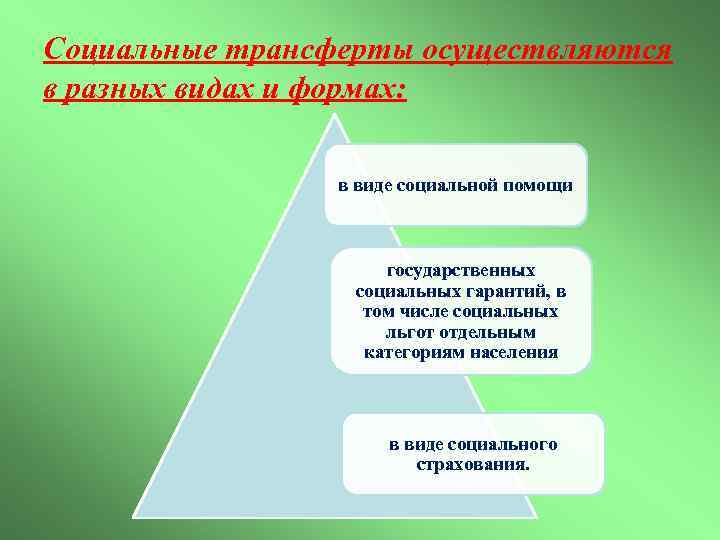 Социальные трансферты осуществляются в разных видах и формах: в виде социальной помощи государственных социальных