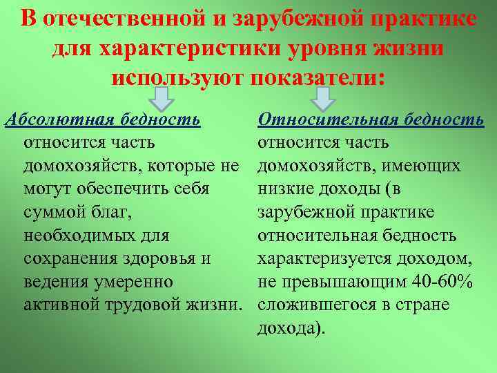 В отечественной и зарубежной практике для характеристики уровня жизни используют показатели: Абсолютная бедность относится