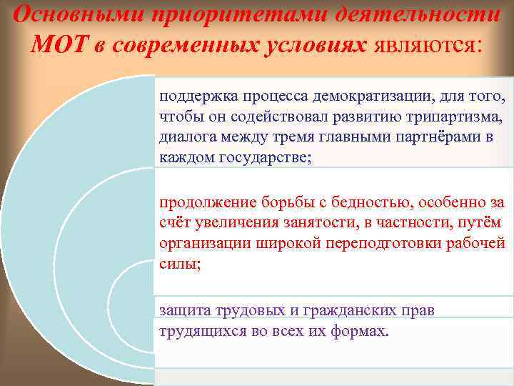 Основными приоритетами деятельности МОТ в современных условиях являются: поддержка процесса демократизации, для того, чтобы