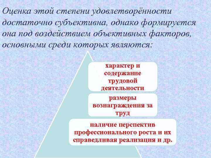 Оценка этой степени удовлетворённости достаточно субъективна, однако формируется она под воздействием объективных факторов, основными