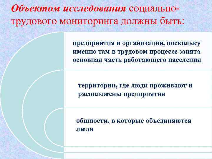 Объектом исследования социально трудового мониторинга должны быть: предприятия и организации, поскольку именно там в