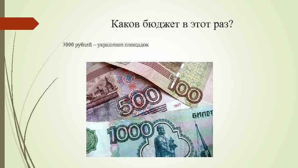 Каков бюджет в этот раз? 3000 рублей – украшение площадок 
