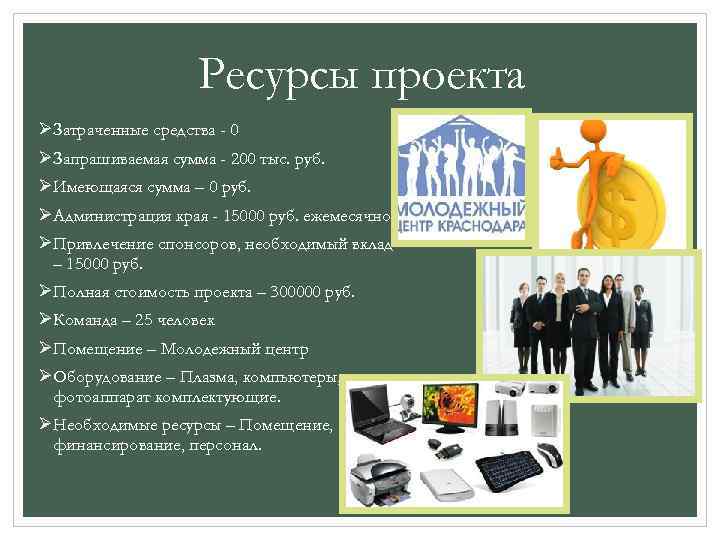 Ресурсы проекта ØЗатраченные средства - 0 ØЗапрашиваемая сумма - 200 тыс. руб. ØИмеющаяся сумма