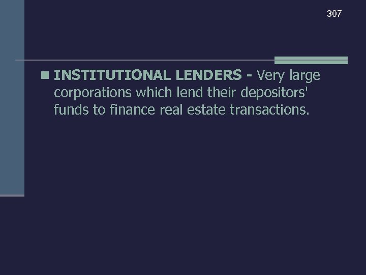 307 n INSTITUTIONAL LENDERS - Very large corporations which lend their depositors' funds to