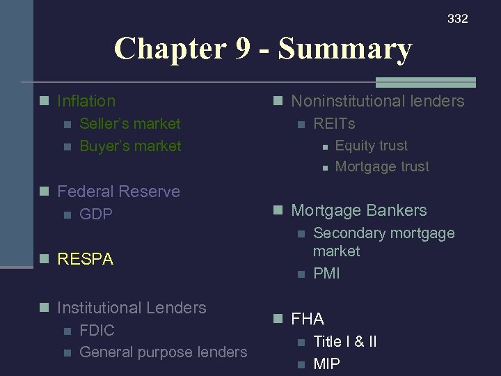 332 Chapter 9 - Summary n Inflation n Seller’s market n Buyer’s market n