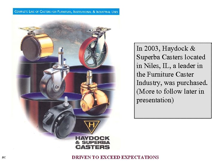 In 2003, Haydock & Superba Casters located in Niles, IL, a leader in the