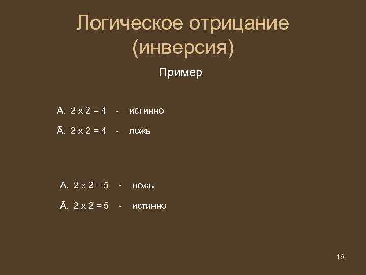 Логическое отрицание (инверсия) Пример A. 2 х 2 = 4 - истинно Ā. 2