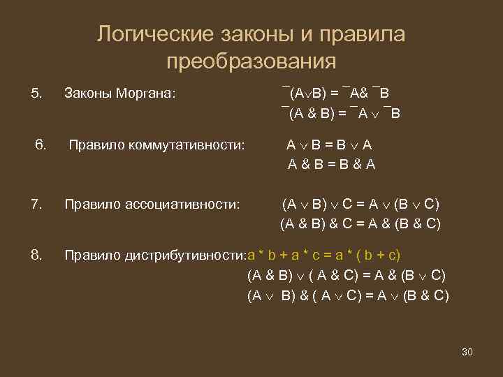 Ассоциативность произведения. Логические законы. Логические законы и правила. Логические законы и правила преобразования логических выражений. Правило ассоциативности.