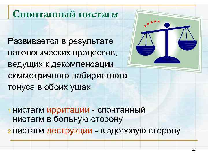 Спонтанный нистагм Развивается в результате патологических процессов, ведущих к декомпенсации симметричного лабиринтного тонуса в