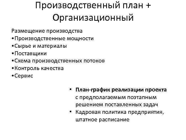Производственный план + Организационный Размещение производства • Производственные мощности • Сырье и материалы •