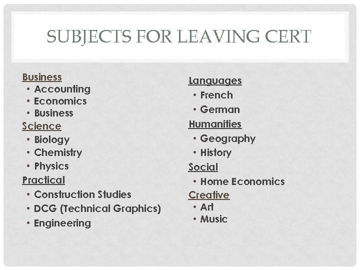 SUBJECTS FOR LEAVING CERT Business • Accounting • Economics • Business Science • Biology