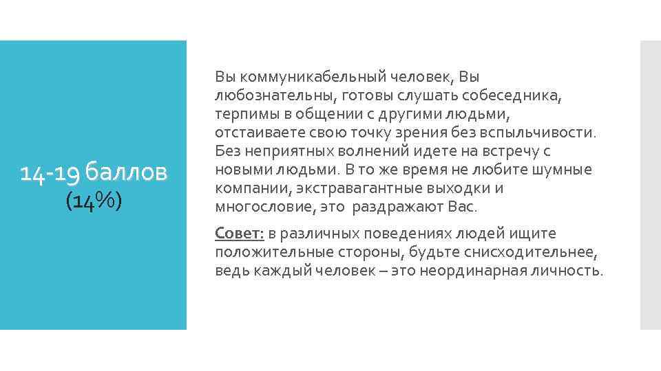 14 -19 баллов (14%) Вы коммуникабельный человек, Вы любознательны, готовы слушать собеседника, терпимы в