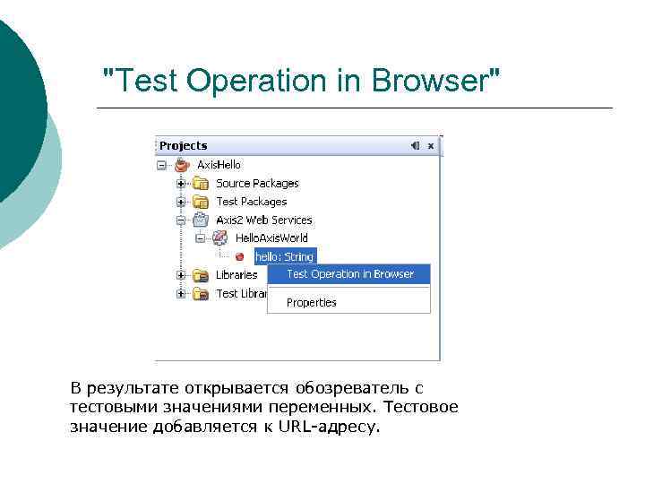 "Test Operation in Browser" В результате открывается обозреватель с тестовыми значениями переменных. Тестовое значение