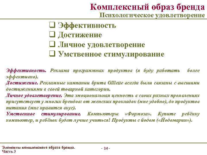 Комплексный образ бренда Психологическое удовлетворение q Эффективность q Достижение q Личное удовлетворение q Умственное