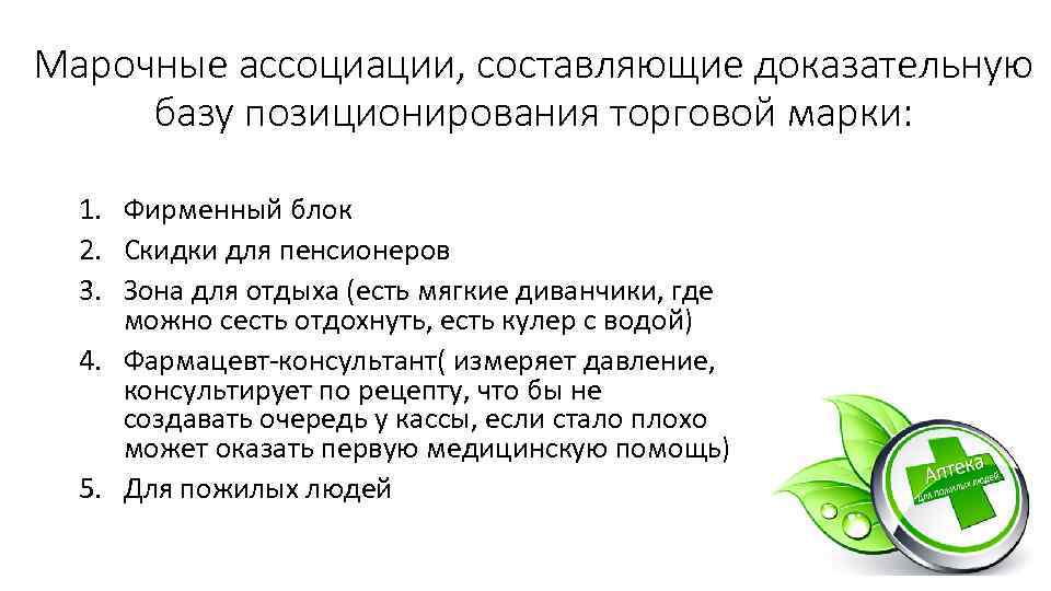 Марочные ассоциации, составляющие доказательную базу позиционирования торговой марки: 1. Фирменный блок 2. Скидки для