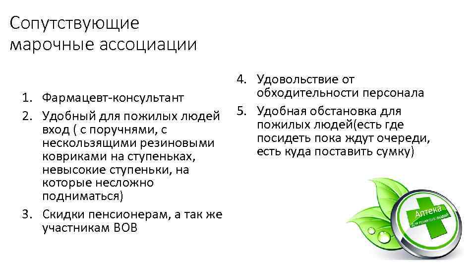 Сопутствующие марочные ассоциации 1. Фармацевт-консультант 2. Удобный для пожилых людей вход ( с поручнями,