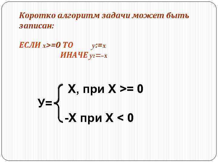 Коротко алгоритм задачи может быть записан: ЕСЛИ x>=0 ТО y: =x ИНАЧЕ y: =-x