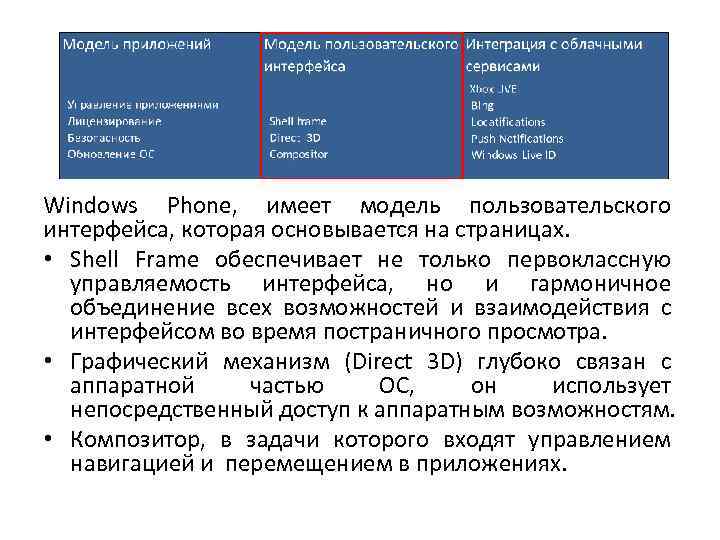 Windows Phone, имеет модель пользовательского интерфейса, которая основывается на страницах. • Shell Frame обеспечивает