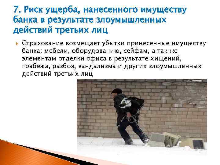 7. Риск ущерба, нанесенного имуществу банка в результате злоумышленных действий третьих лиц Страхование возмещает